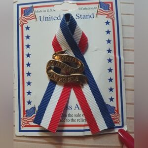 Patriotic Ribbon Pin with Gold Tone 'God Bless America'